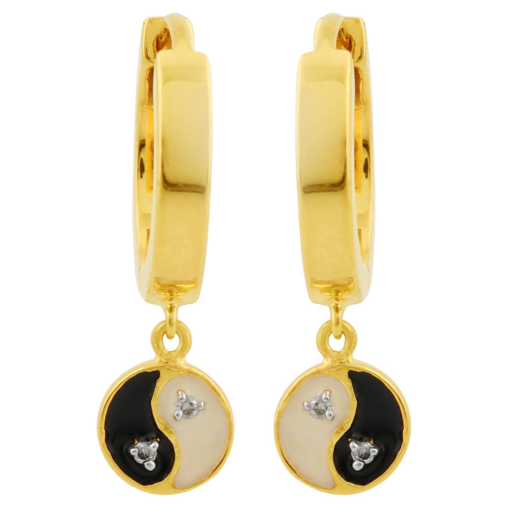 Real SI Clarity HI Color Diamond Yin Yang Hoop Earrings 14k Yellow Gold Jewelry For Sale