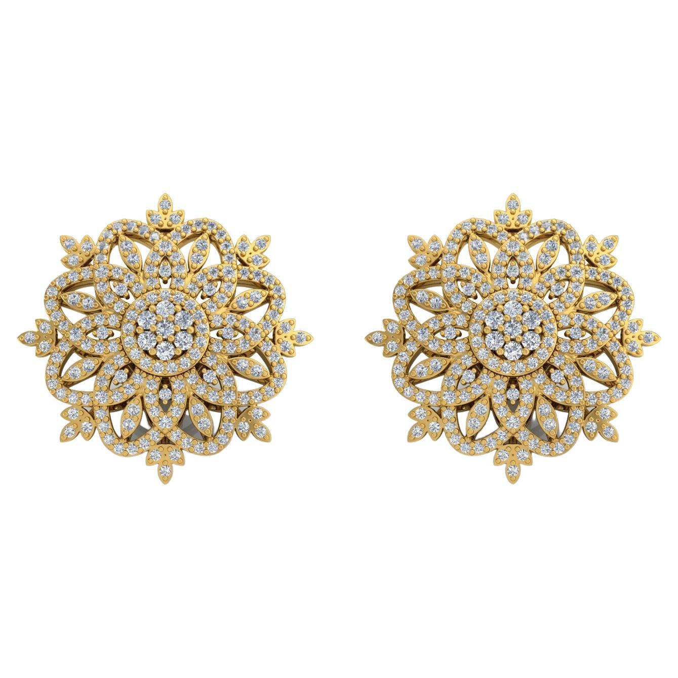 Real SI Clarity HI Color Pave Diamond Flower Stud Earrings 18 Karat Yellow Gold For Sale