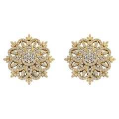 Real SI Clarity HI Color Pave Diamond Flower Stud Earrings 18 Karat Yellow Gold