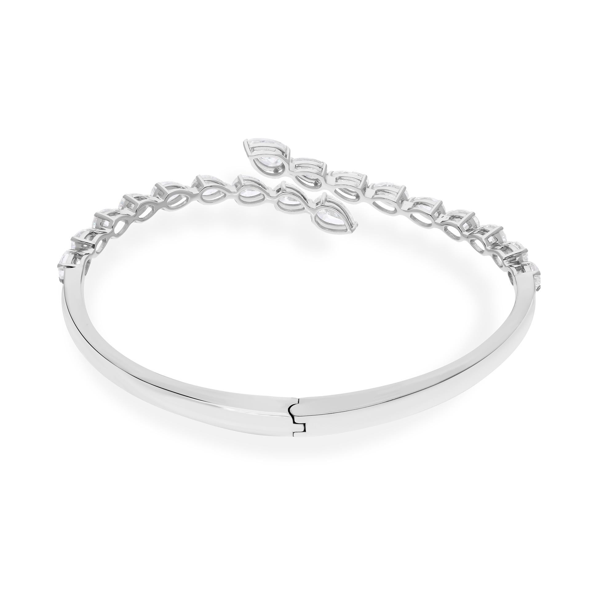 Women's Real SI Clarity HI Color Pear Diamond Cuff Bangle Bracelet 14 Karat White Gold For Sale