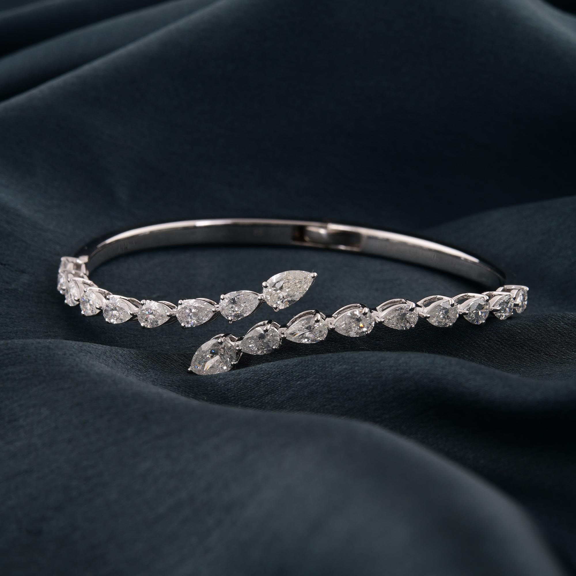 Modern Real SI Clarity HI Color Pear Diamond Cuff Bangle Bracelet 18 Karat White Gold For Sale