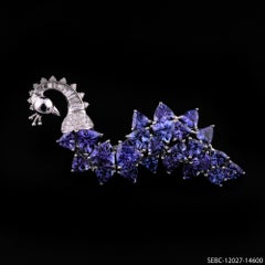Real Tanzanite Blue Sapphire Peacock Brooch Pendant Diamond 18 Karat White Gold