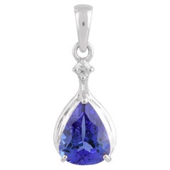 Real Tanzanite Gemstone Drop Charm Diamond Pendant 18 Karat White Gold Jewelry