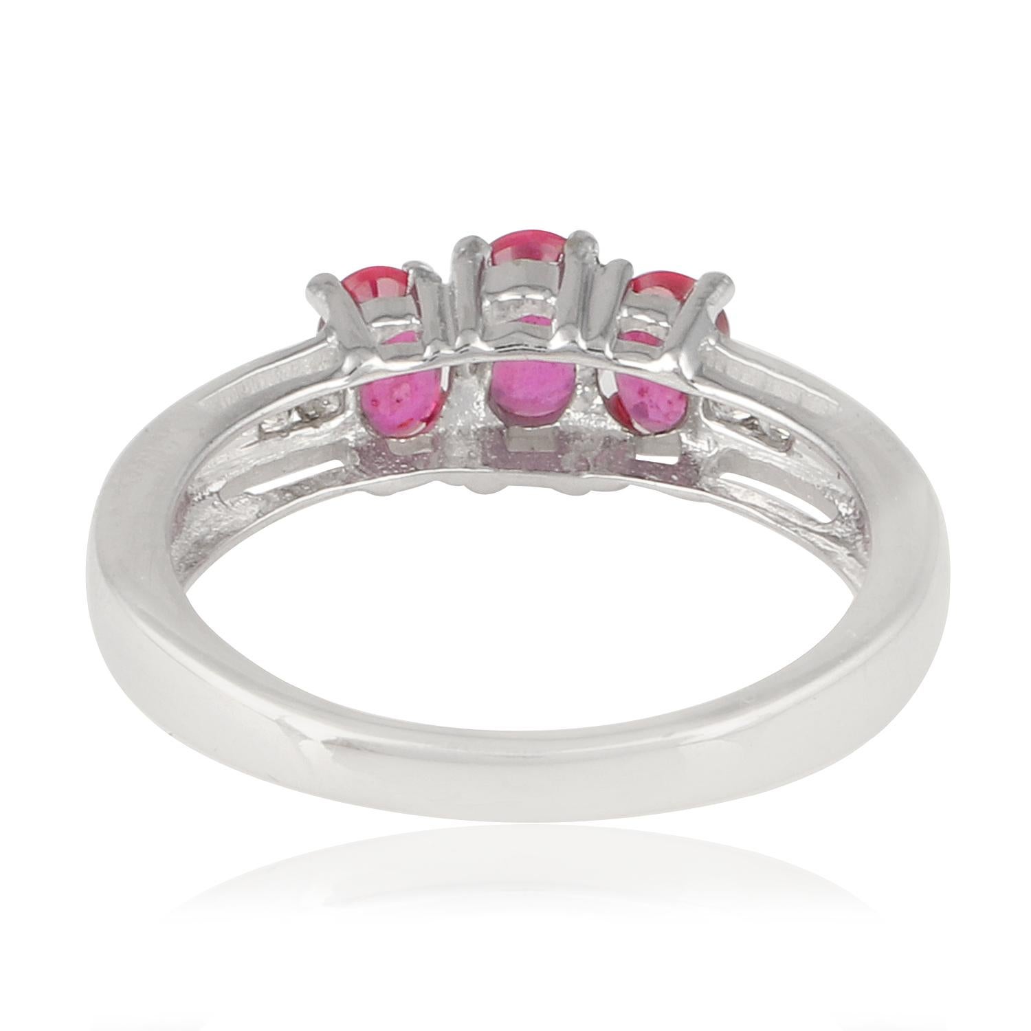 For Sale:  Real Three Ruby Gemstone Ring Diamond Pave 9 Karat White Gold Handmade Jewelry 2