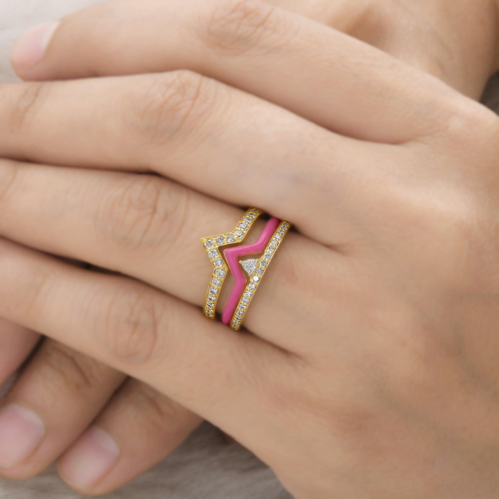 Modern Real Trillion Diamond Triple Chevron Ring Set 18k Yellow Gold Combination Enamel For Sale