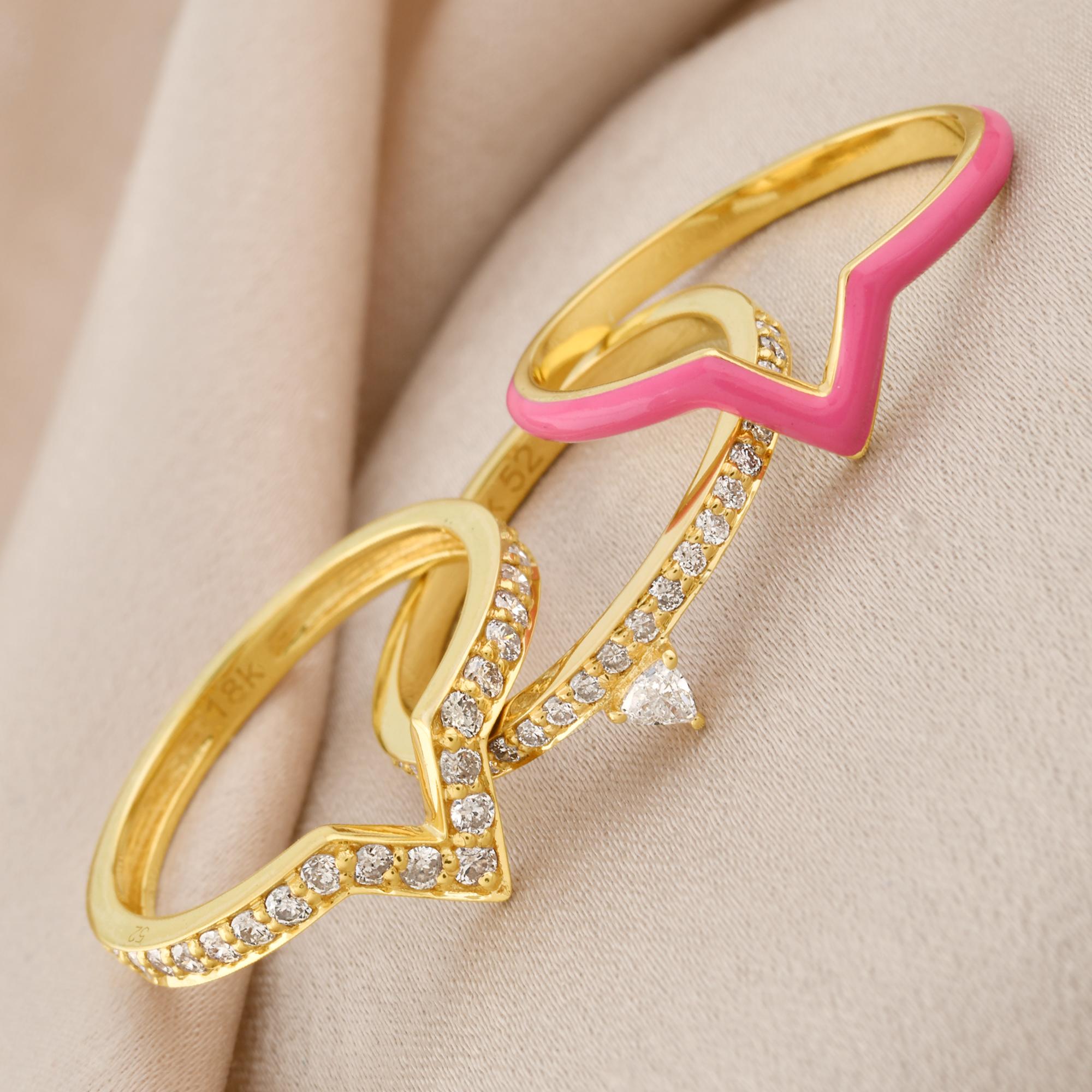 Trillion Cut Real Trillion Diamond Triple Chevron Ring Set 18k Yellow Gold Combination Enamel For Sale