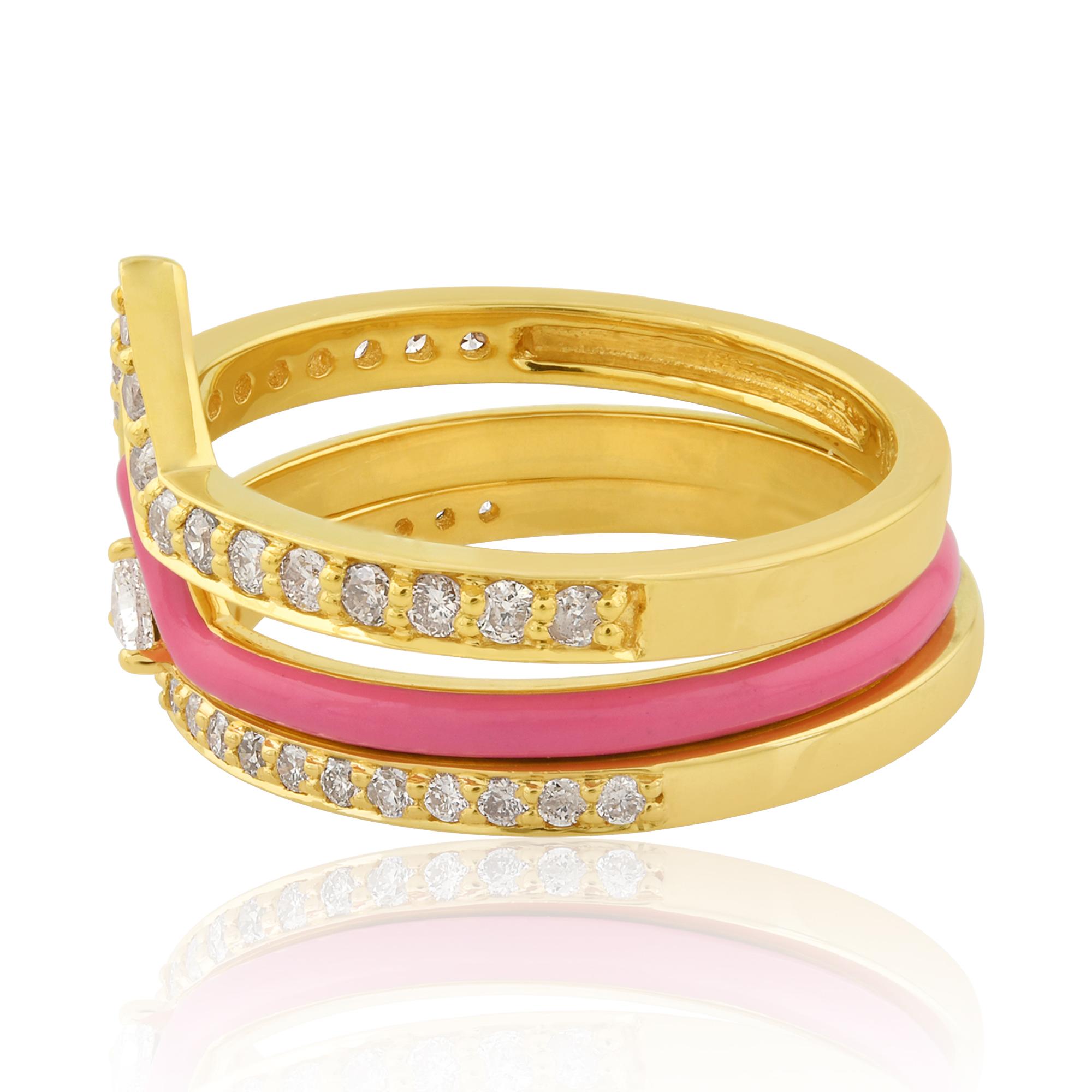 Real Trillion Diamond Triple Chevron Ring Set 18k Yellow Gold Combination Enamel In New Condition For Sale In Diera, Dubai