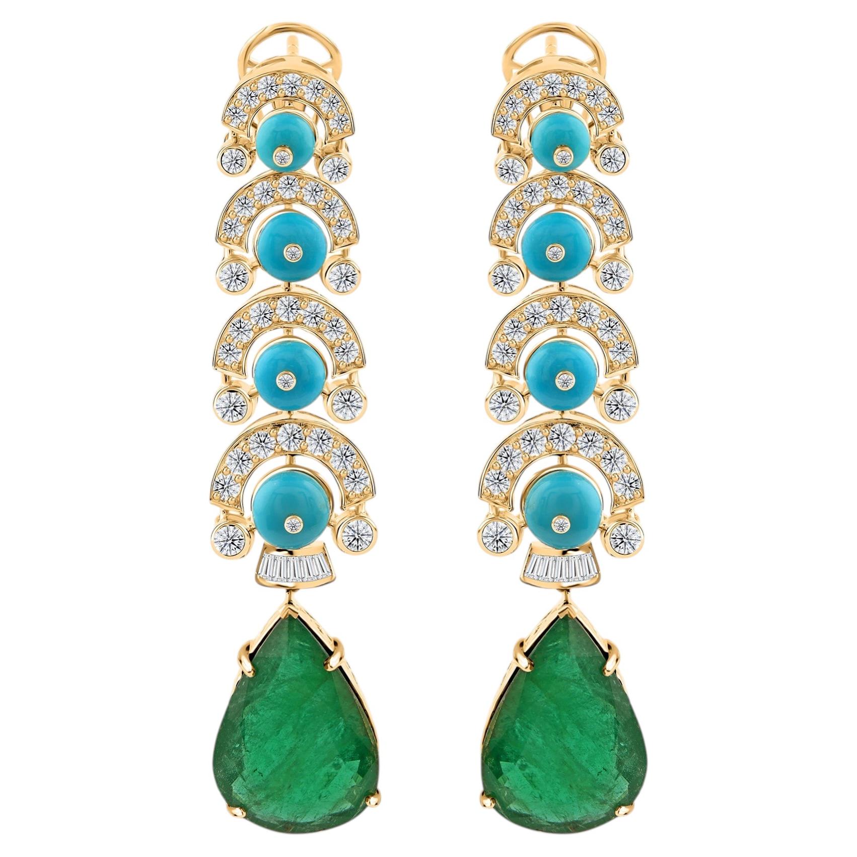 Real Turquoise Emerald Diamond Dangle Earrings 14 Karat Yellow Gold Fine Jewelry For Sale