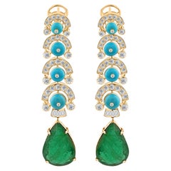 Real Turquoise Emerald Diamond Dangle Earrings 14 Karat Yellow Gold Fine Jewelry