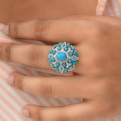 Real Turquoise Gemstone Cocktail Ring SI/H Diamond 14 Karat White Gold Jewelry