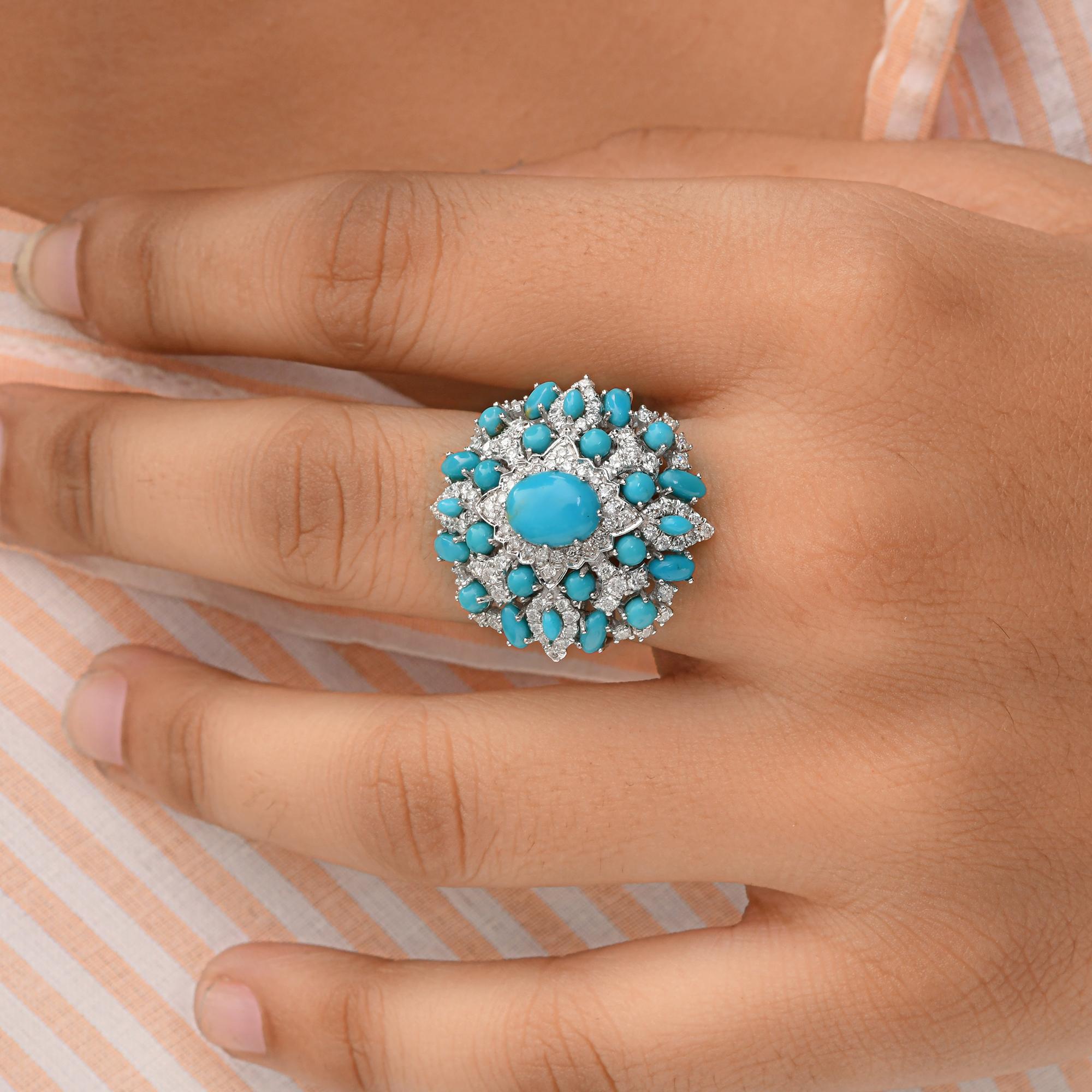 Echter Türkis Edelstein Cocktail Ring SI/H Diamant 14 Karat Weißgold Schmuck (Ovalschliff) im Angebot