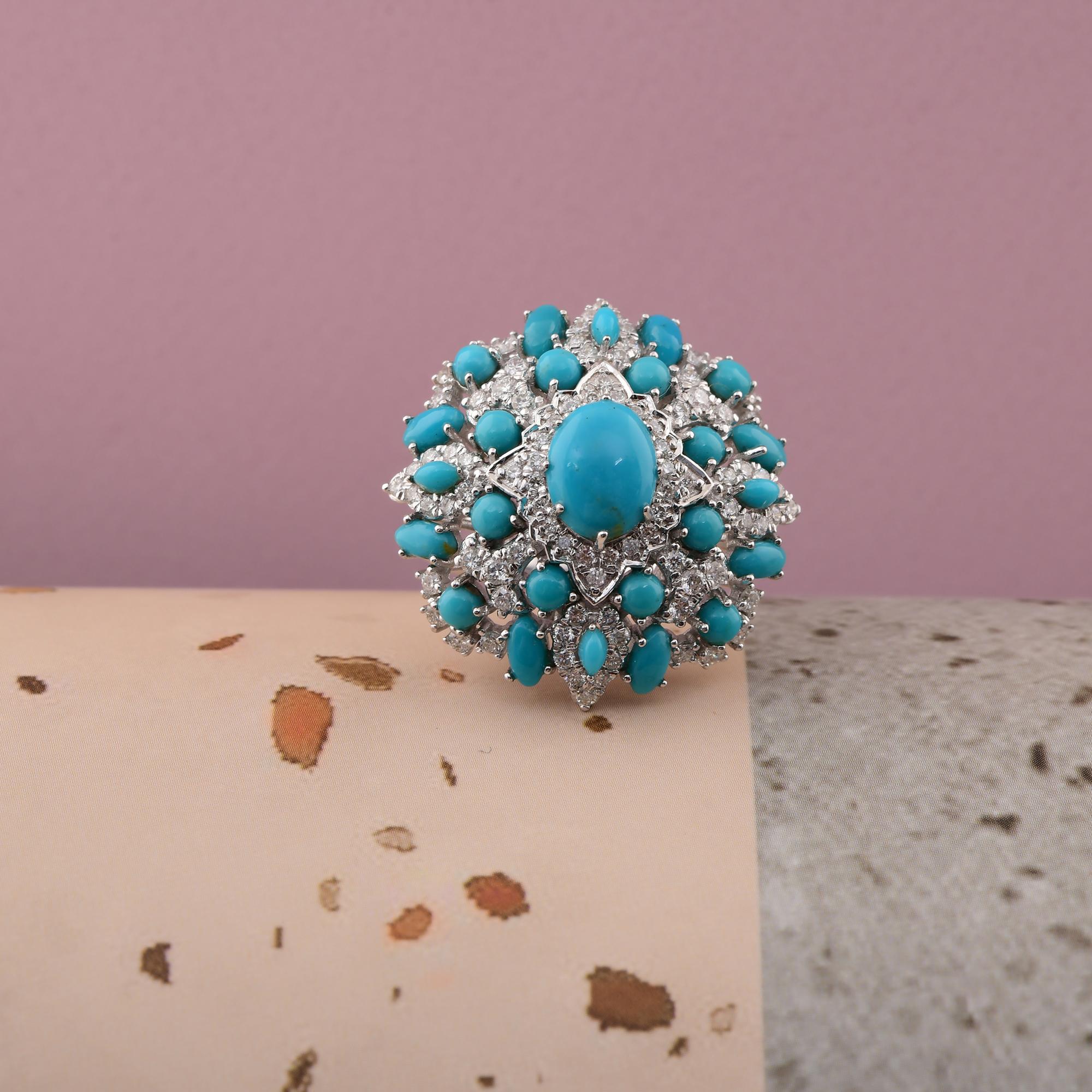 in vendita:  Anello Cocktail con gemma di turchese reale SI/H Diamante Gioielli in oro bianco 14 carati 5