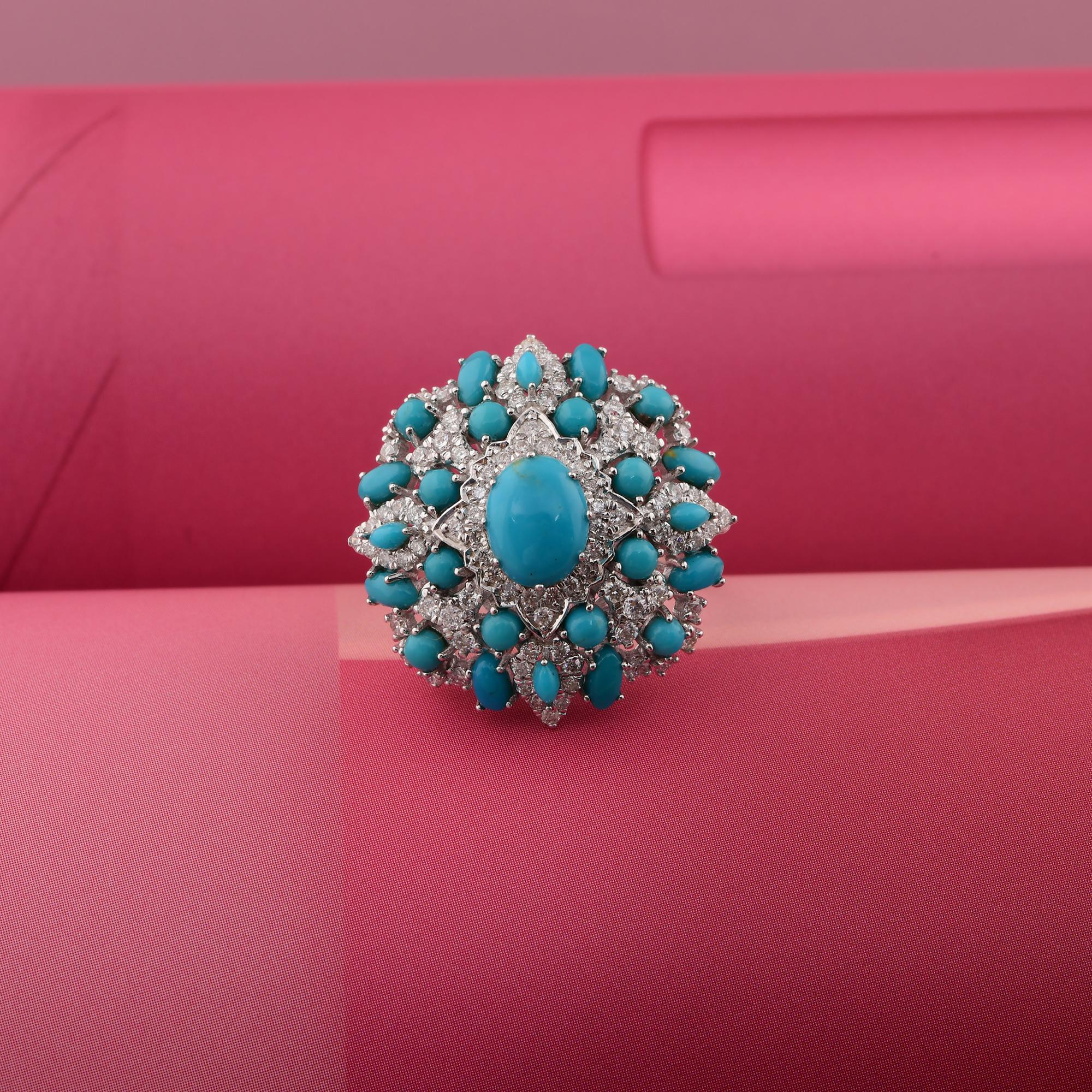 Echter Türkis Edelstein Cocktail Ring SI/H Diamant 14 Karat Weißgold Schmuck im Angebot 1