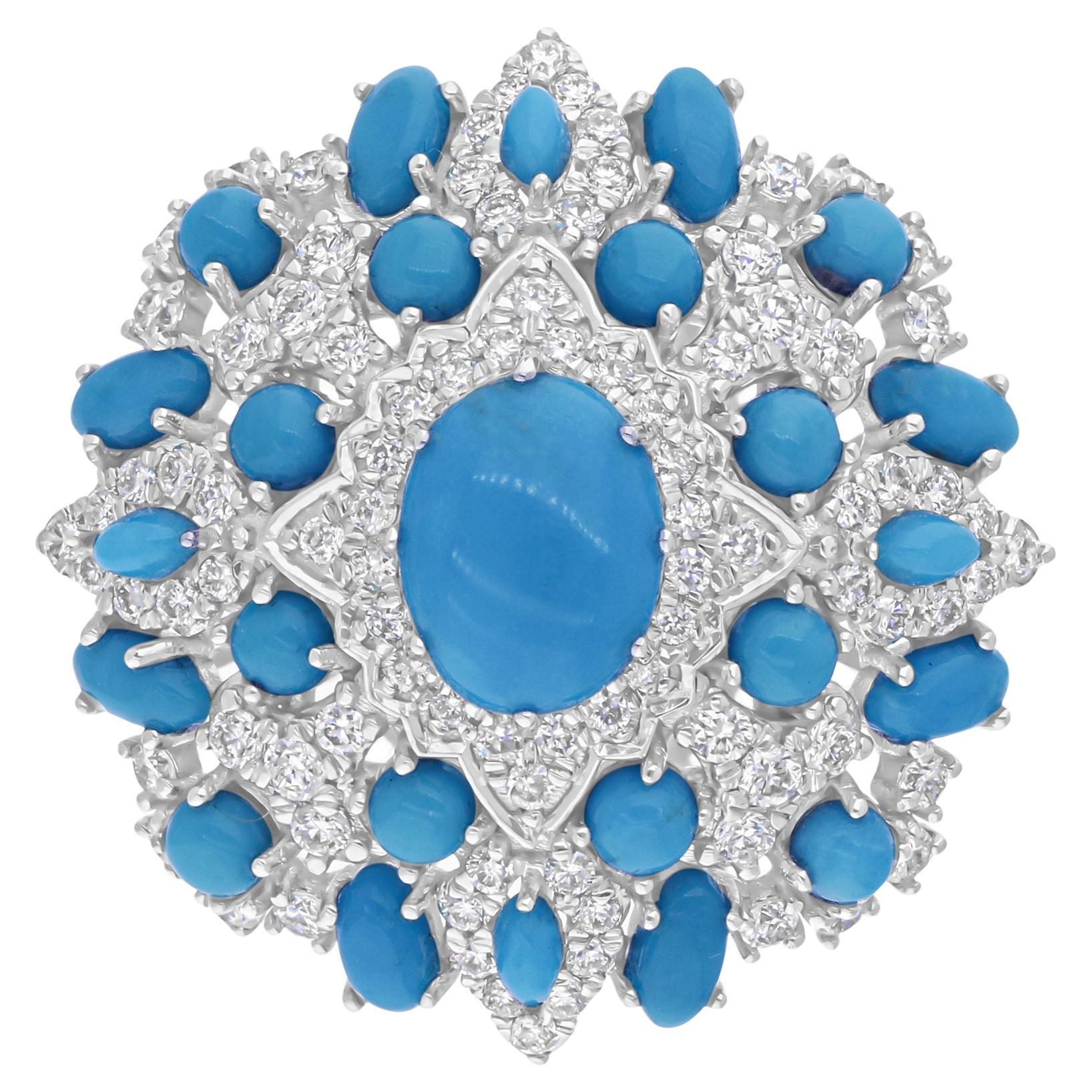 Anello Cocktail con gemma di turchese reale SI/H Diamante Gioielli in oro bianco 14 carati
