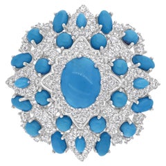 Real Turquoise Gemstone Cocktail Ring SI/H Diamond 14 Karat White Gold Jewelry