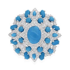 Real Turquoise Gemstone Cocktail Ring SI/H Diamond 18 Karat White Gold Jewelry