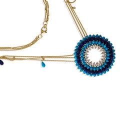 Real Turquoise Lapis Gemstone Pendant Necklace SI/H Diamond 18 Karat Yellow Gold