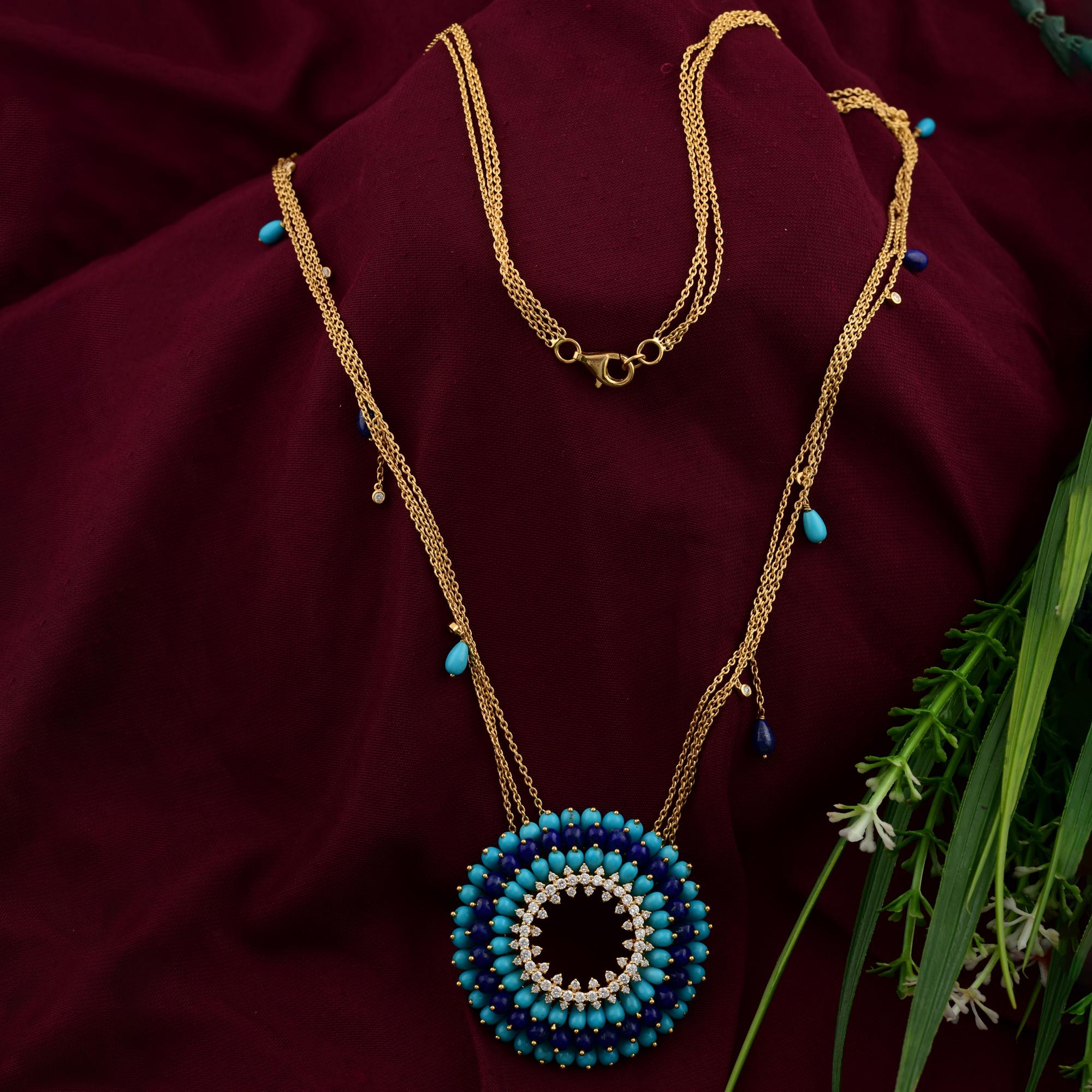 Real Turquoise Lapis Gemstone Pendant Necklace SI/H Diamond 18 Karat Yellow Gold In New Condition For Sale In Diera, Dubai