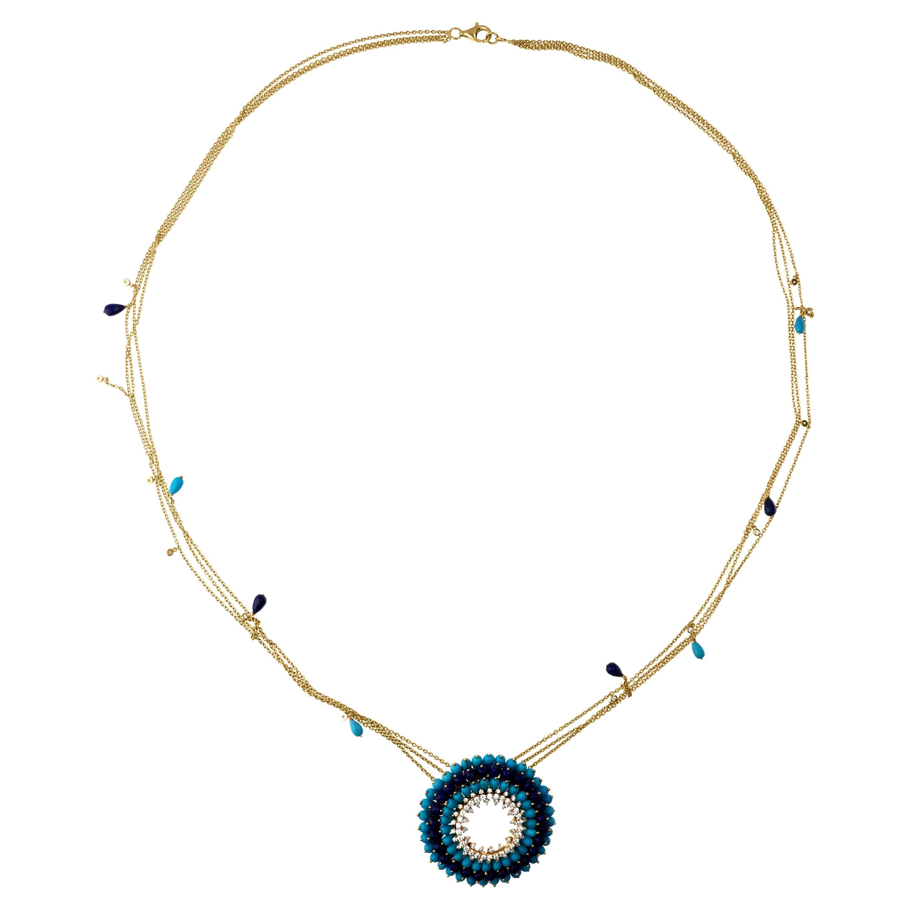 Real Turquoise Lapis Gemstone Pendant Necklace SI/H Diamond 18 Karat Yellow Gold