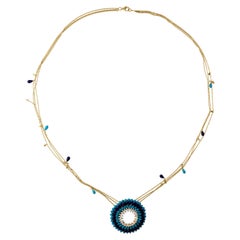 Real Turquoise Lapis Gemstone Pendant Necklace SI/H Diamond 18 Karat Yellow Gold