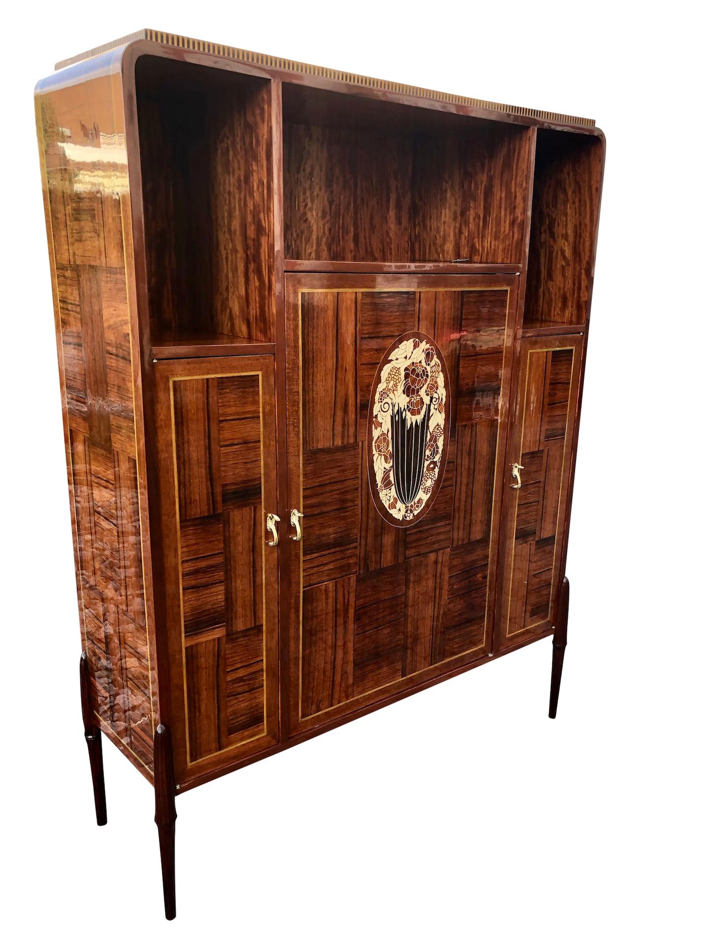 French Real Wood Veneer Art Deco Cabinet with Inlays in Style of Jacques Emile Ruhlmann For Sale