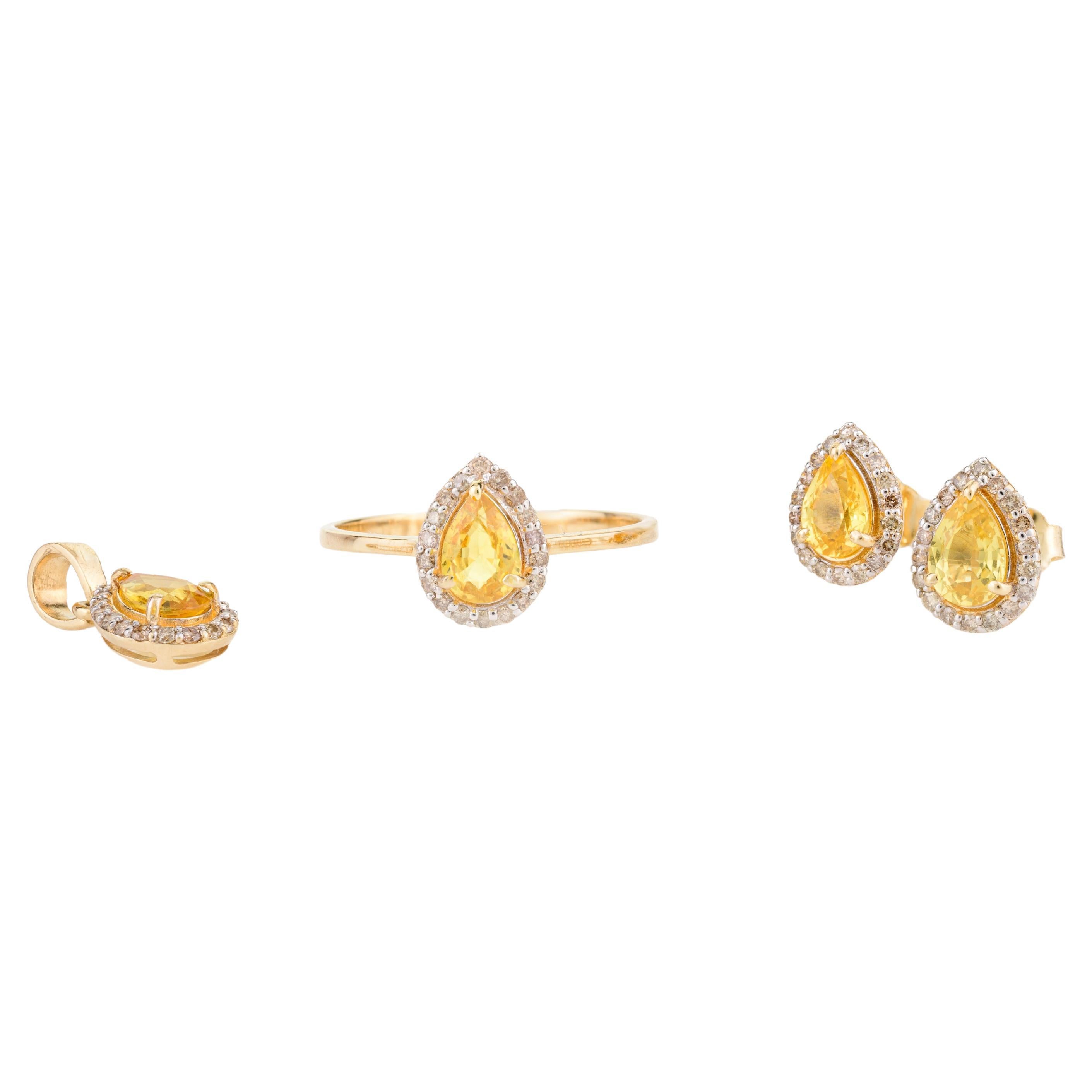 For Sale:  Real Yellow Sapphire Ring, Earrings and Pendant Jewelry Set in 18k Yellow Gold