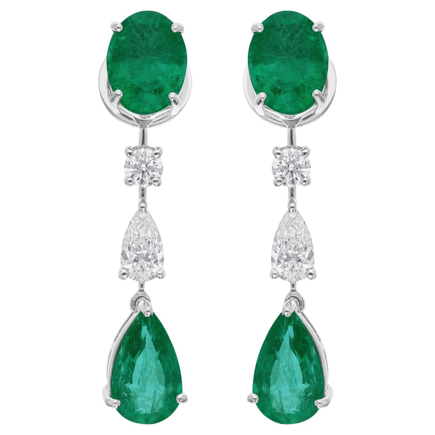 Pendientes de gota de esmeralda auténtica de Zambia y diamantes Oro blanco macizo 14k