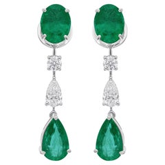 Pendientes de gota de esmeralda auténtica de Zambia y diamantes Oro blanco macizo 14k