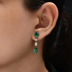 Real Zambian Emerald and Diamond Drop Earrings 18k Solid White Gold
