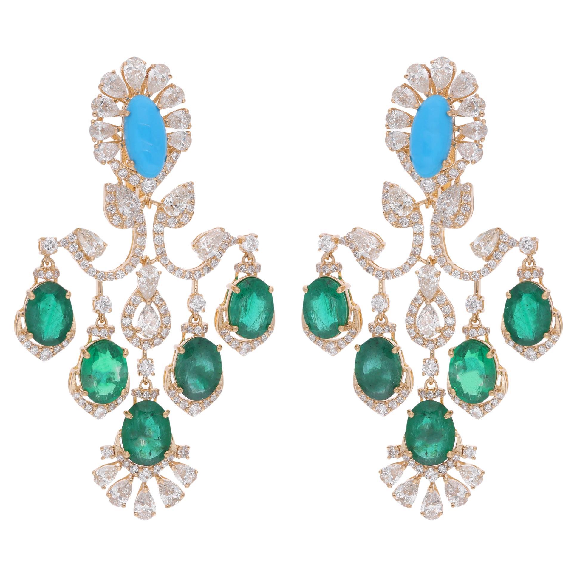 Taille ovale Boucles d'oreilles lustre en or jaune 14 carats avec émeraudes de Zambie réelles, diamants et turquoises en vente