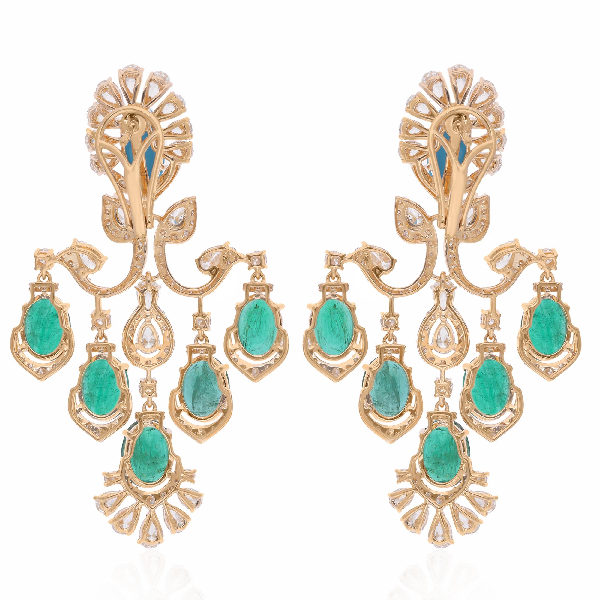 Women's Real Zambian Emerald Chandelier Earrings Diamond Turquoise 14 Karat Yellow Gold For Sale