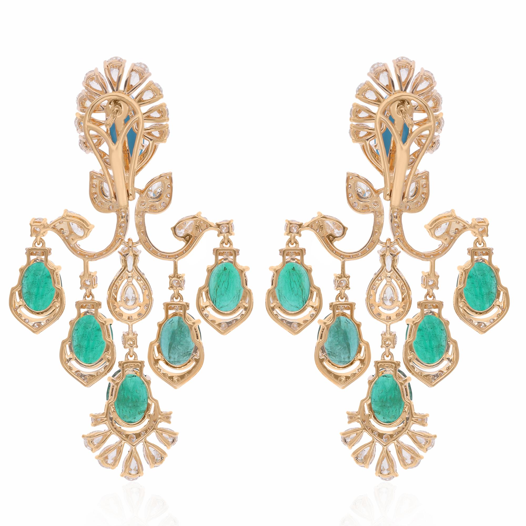 Boucles d'oreilles lustre en or jaune 14 carats avec émeraudes de Zambie réelles, diamants et turquoises Neuf - En vente à Diera, Dubai