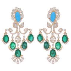 Real Zambian Emerald Chandelier Earrings Diamond Turquoise 14 Karat Yellow Gold