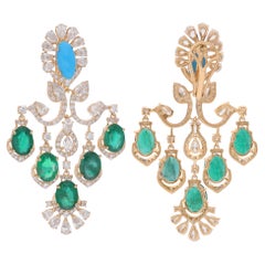 Real Zambian Emerald Chandelier Earrings Diamond Turquoise 14 Karat Yellow Gold