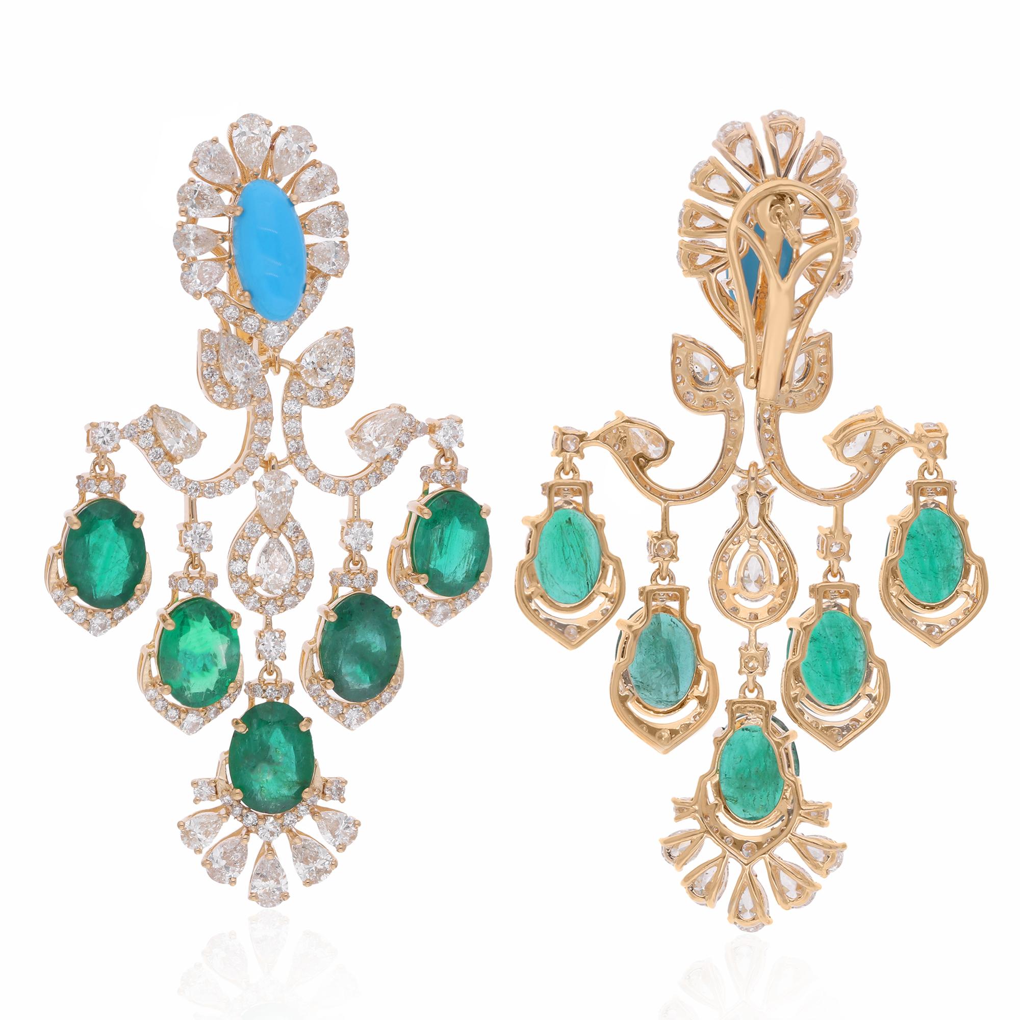 Item Code :- SEE-15554B
Gross Wt. :- 20.49 gm
18k Yellow Gold Wt. :- 16.69 gm
Natural Diamond Wt. :- 6.21 Ct.  ( AVERAGE DIAMOND CLARITY SI1-SI2 & COLOR H-I )
Emerald & Turquoise Wt. :- 12.79 Ct.
Earrings Size :- 56 x 32 mm approx.

✦