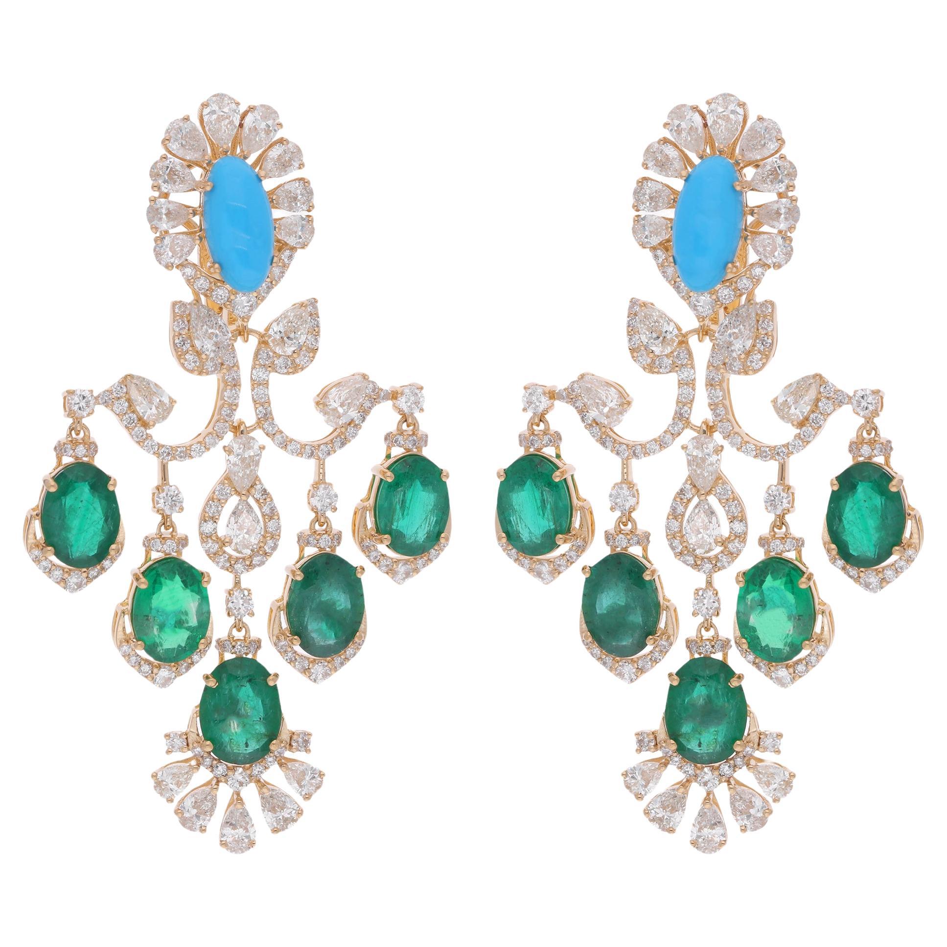 Boucles d'oreilles lustre en or jaune 18 carats avec émeraudes de Zambie réelles, diamants et turquoises