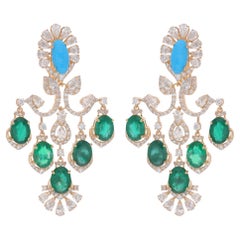 Real Zambian Emerald Chandelier Earrings Diamond Turquoise 18 Karat Yellow Gold