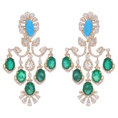 Boucles d'oreilles lustre en or jaune 18 carats avec émeraudes de Zambie réelles, diamants et turquoises