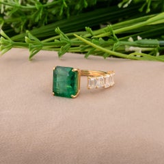 Real Zambian Emerald Cuff Ring SI Clarity HI Color Diamond 14 Karat Yellow Gold