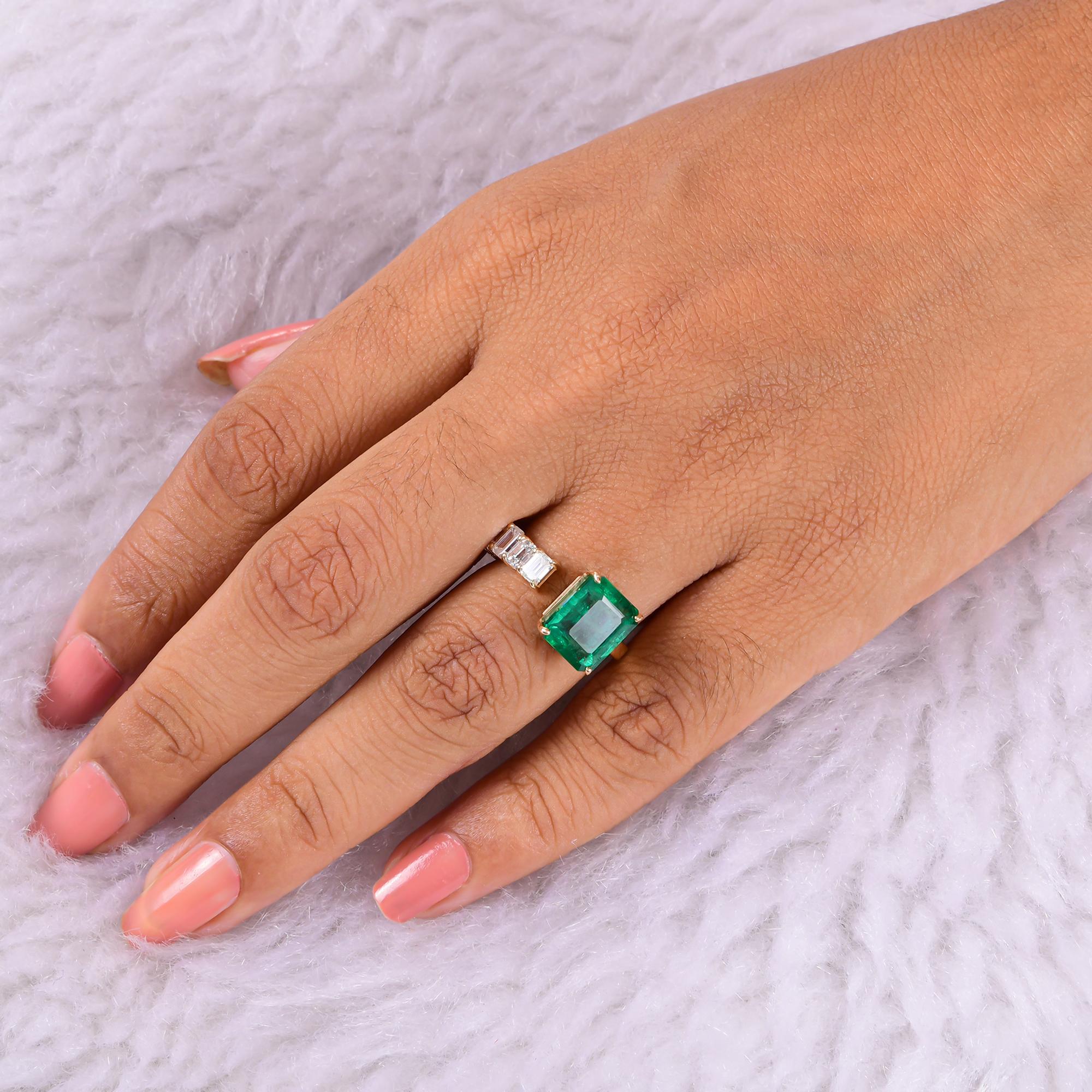 Emerald Cut Real Zambian Emerald Cuff Ring SI Clarity HI Color Diamond 18 Karat Yellow Gold For Sale