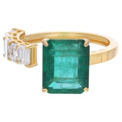 Real Zambian Emerald Cuff Ring SI Clarity HI Color Diamond 18 Karat Yellow Gold