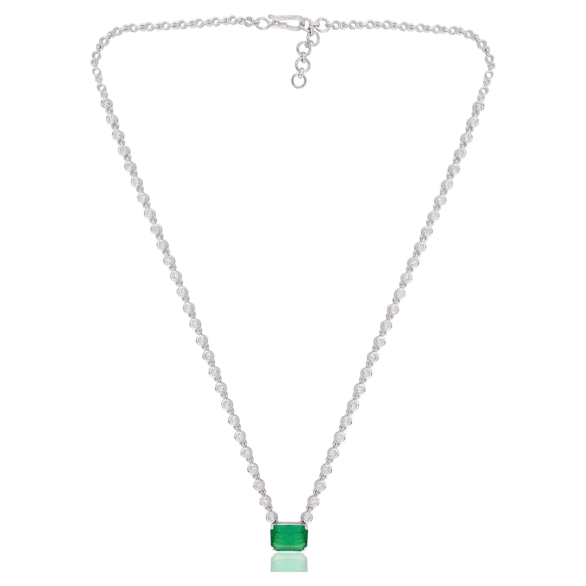 Natural Emerald Diamond Charm Necklace 18k White Gold Handmade Fine Jewelry For Sale