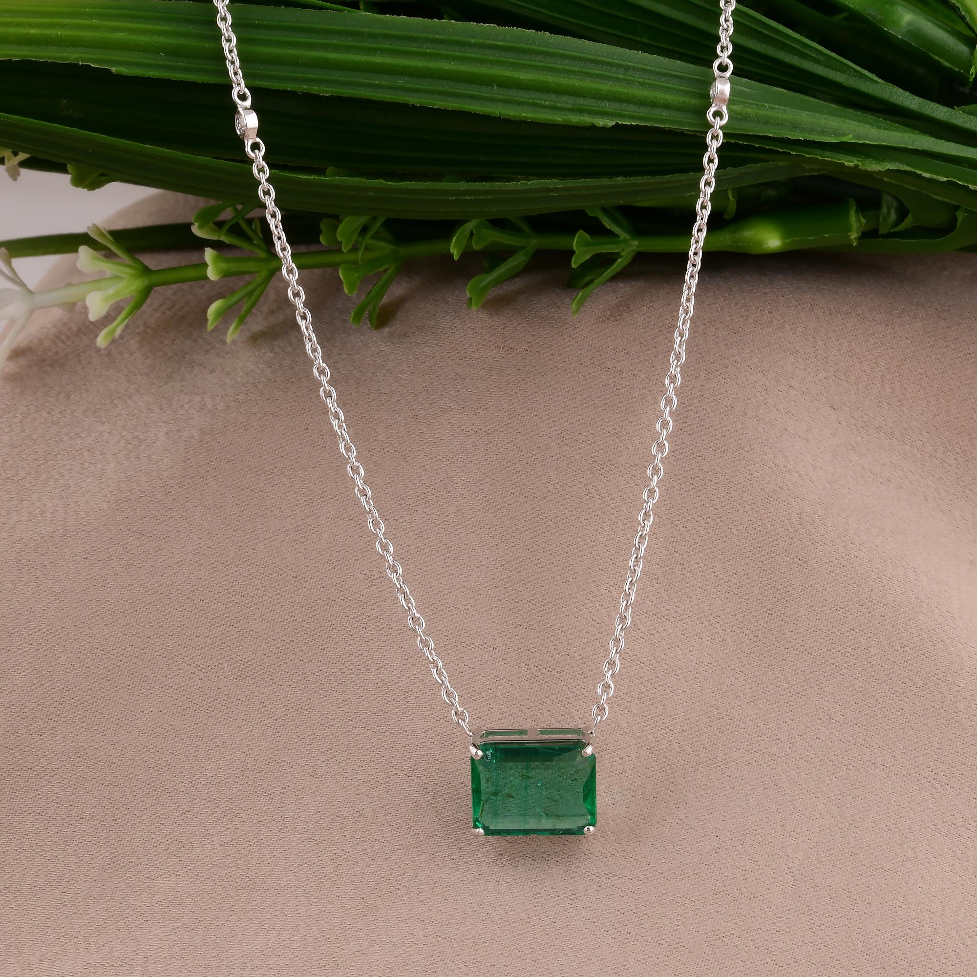 Modern Zambian Emerald Gemstone Charm Pendant Real Diamond Necklace 14 Karat White Gold For Sale