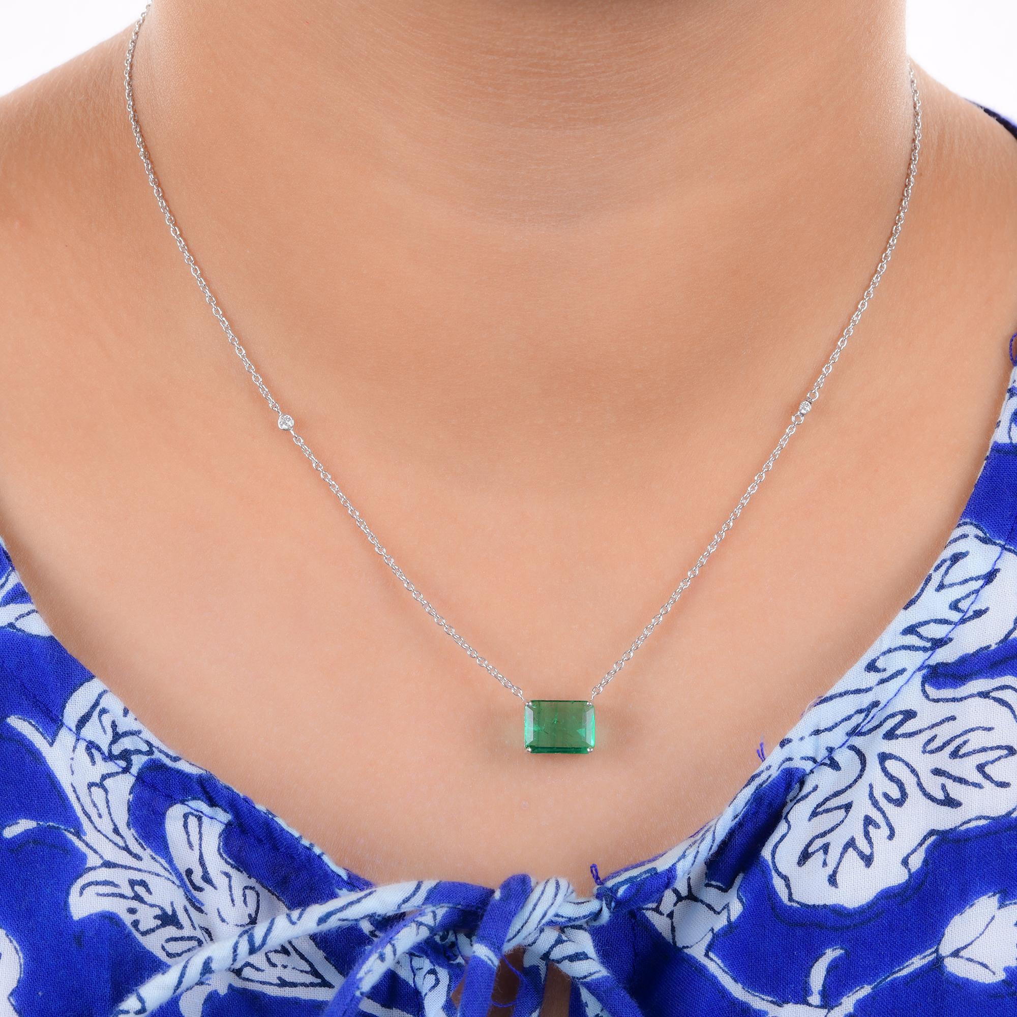 Emerald Cut Zambian Emerald Gemstone Charm Pendant Real Diamond Necklace 14 Karat White Gold For Sale