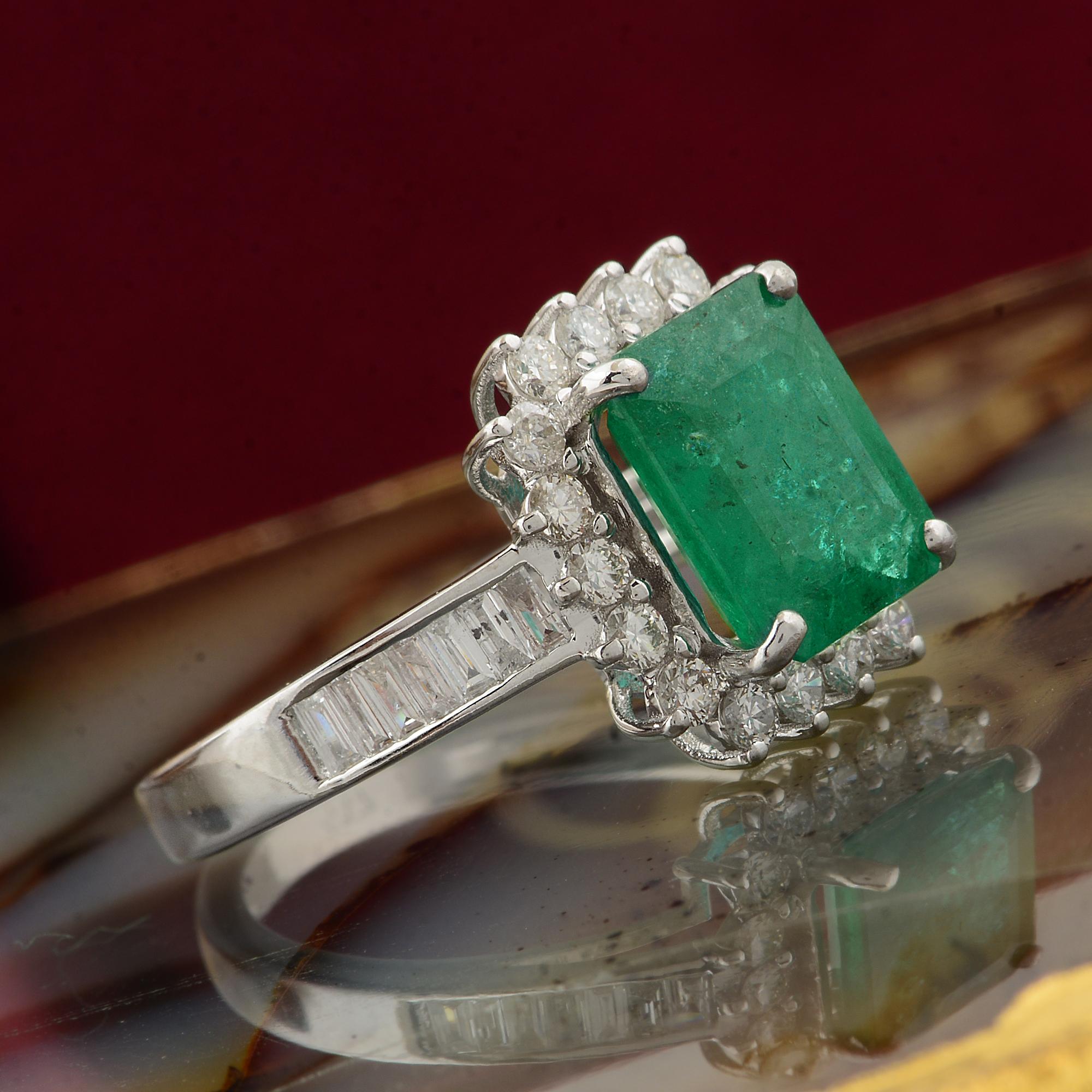 Emerald Cut Natural Emerald Gemstone Cocktail Ring Diamond 10 Karat White Gold Jewelry For Sale