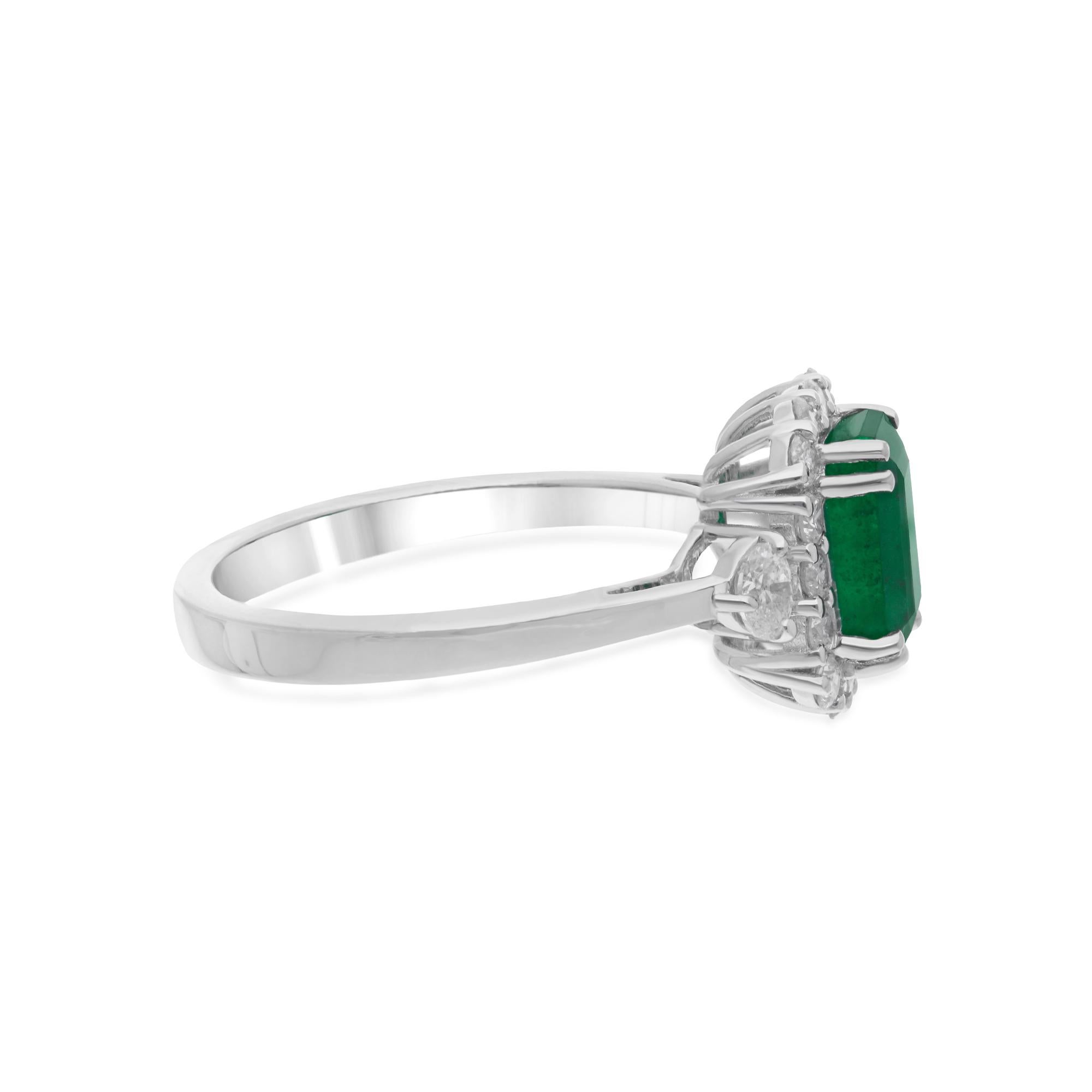 Women's Real Zambian Emerald Gemstone Cocktail Ring Diamond 14 Karat White Gold 2.20 TCW For Sale