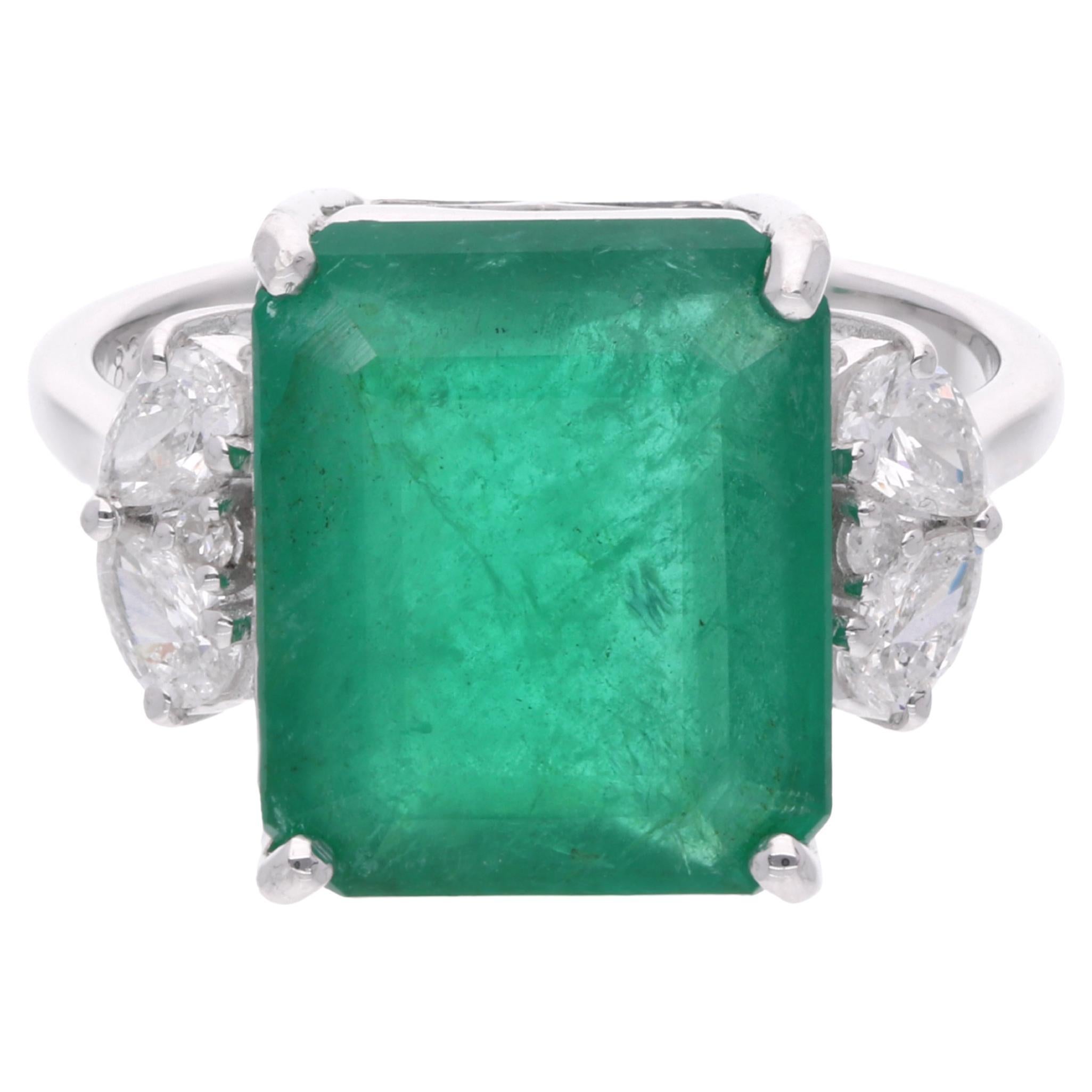 Vero smeraldo dello Zambia, pietra preziosa, anello da cocktail con diamante, gioielli in oro bianco 14 carati