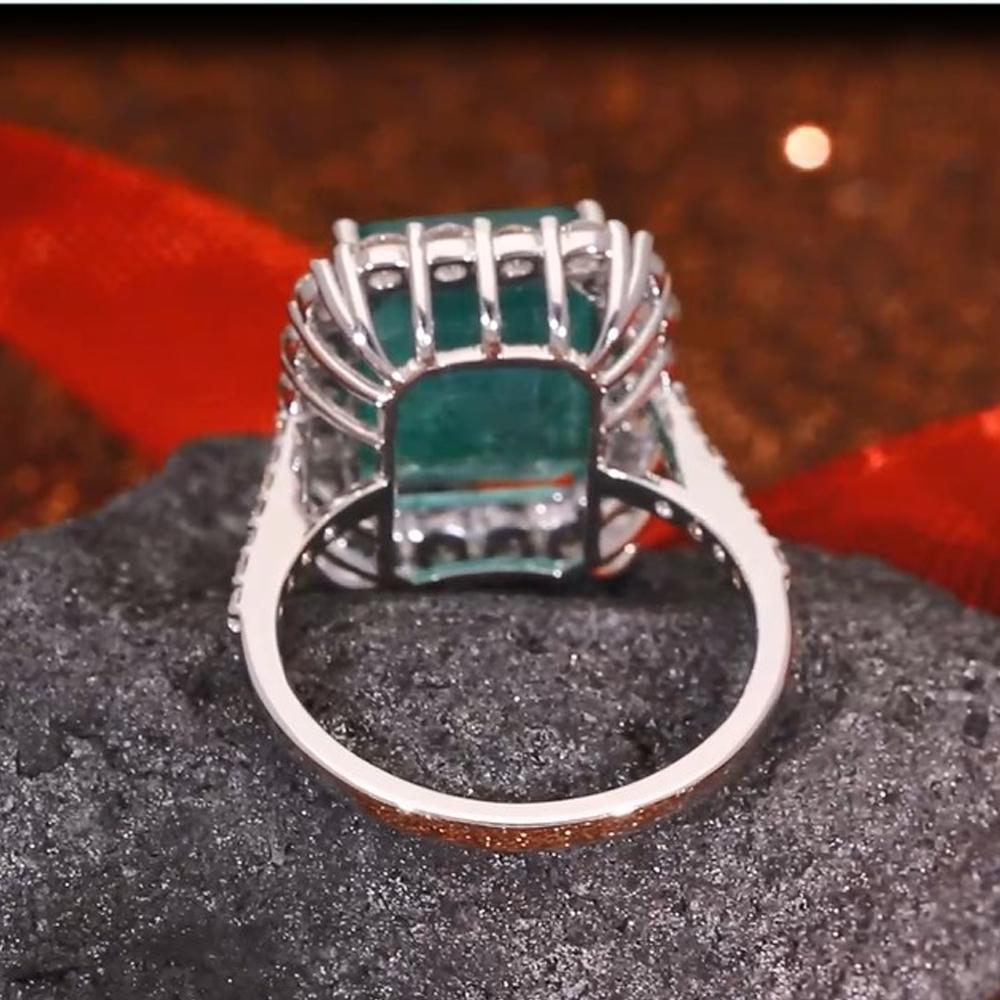 Emerald Cut Real Zambian Emerald Gemstone Cocktail Ring Diamond 18 Karat White Gold Jewelry For Sale