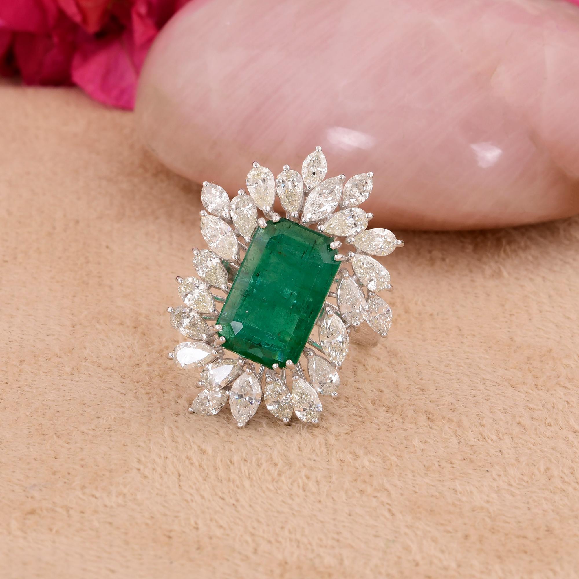 Women's Real Zambian Emerald Gemstone Cocktail Ring Marquise Diamond 10 Karat White Gold For Sale
