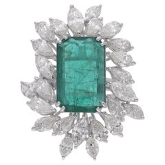 Real Zambian Emerald Gemstone Cocktail Ring Marquise Diamond 10 Karat White Gold
